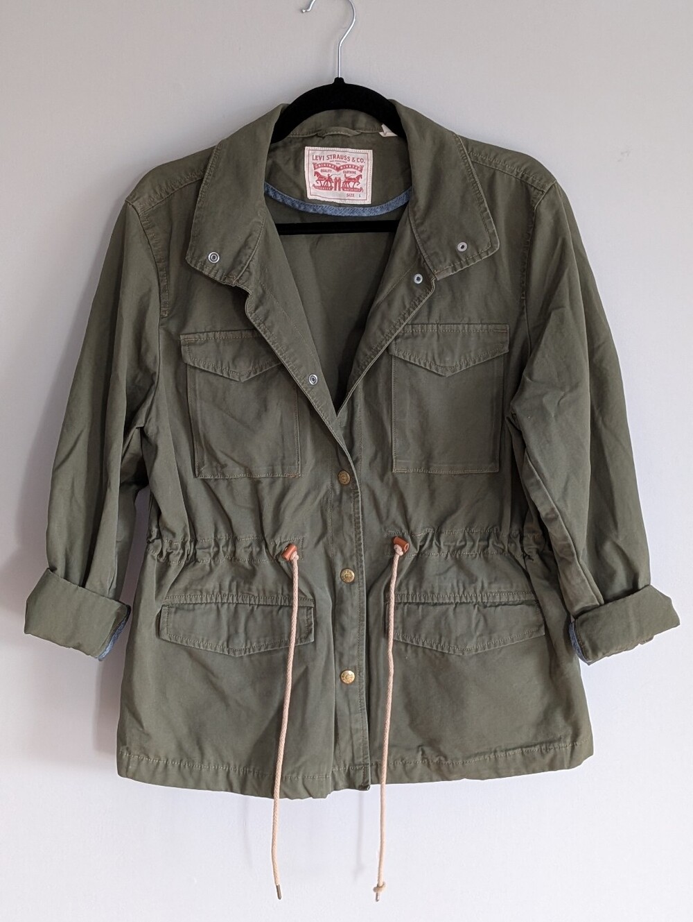 Levi's Womens Large Olive Green Military Utility Field Jacket Drawstring Safari
